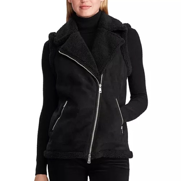 Lauren Ralph Lauren Jackets & Blazers - Lauren Ralph Lauren Faux Shearling Moto Vest Black Sherpa Lined Vest Size XL